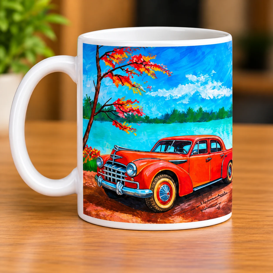 Nadeem Shaikh Foot Artist – Vintage Red Car Artistic Ceramic Mug