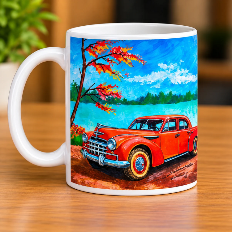 Nadeem Shaikh Foot Artist – Vintage Red Car Artistic Ceramic Mug